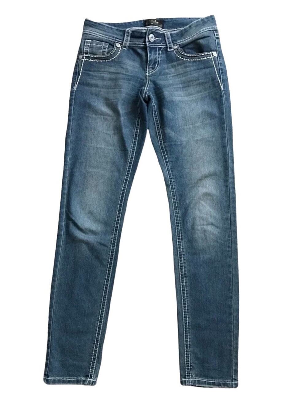 Karma Blue Jeans Womens 5 Dark Wash Skinny Low Rise Contrast Stitch 31" Inseam